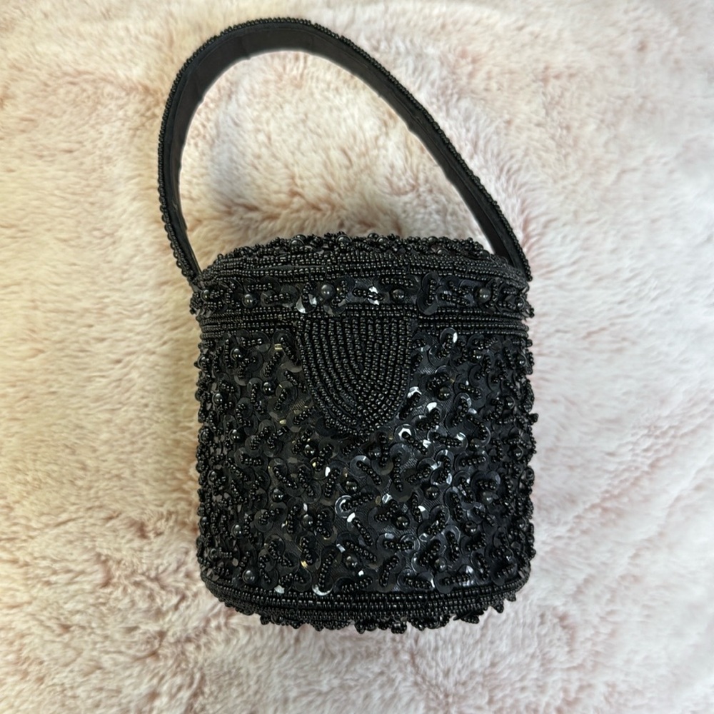 Kenly silk black beaded bucket handbag